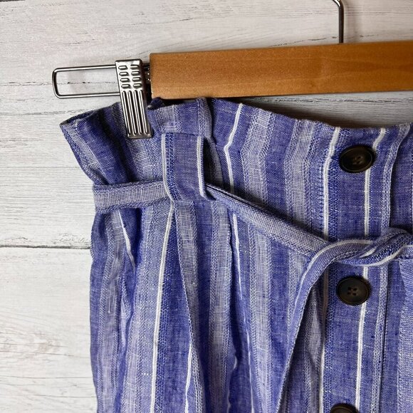 H&M Skirt Size Large Blue & White Linen Blend Striped Faux Buttons Belted Mini - Picture 6 of 16
